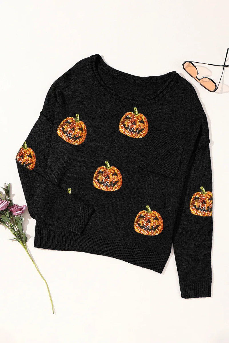 Pumpkin Round Neck Long Sleeve Knit Top - CELIVINE