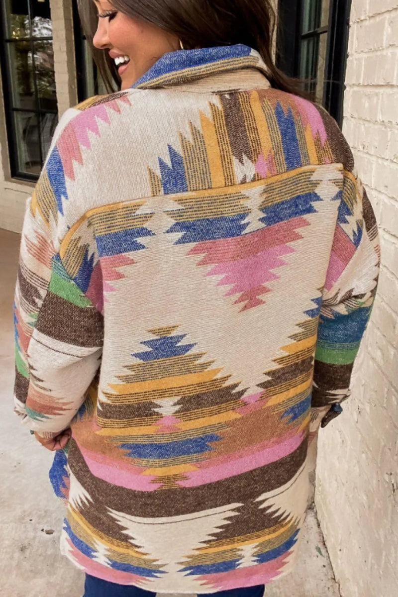 Geometric Button Up Long Sleeve Jacket - CELIVINE