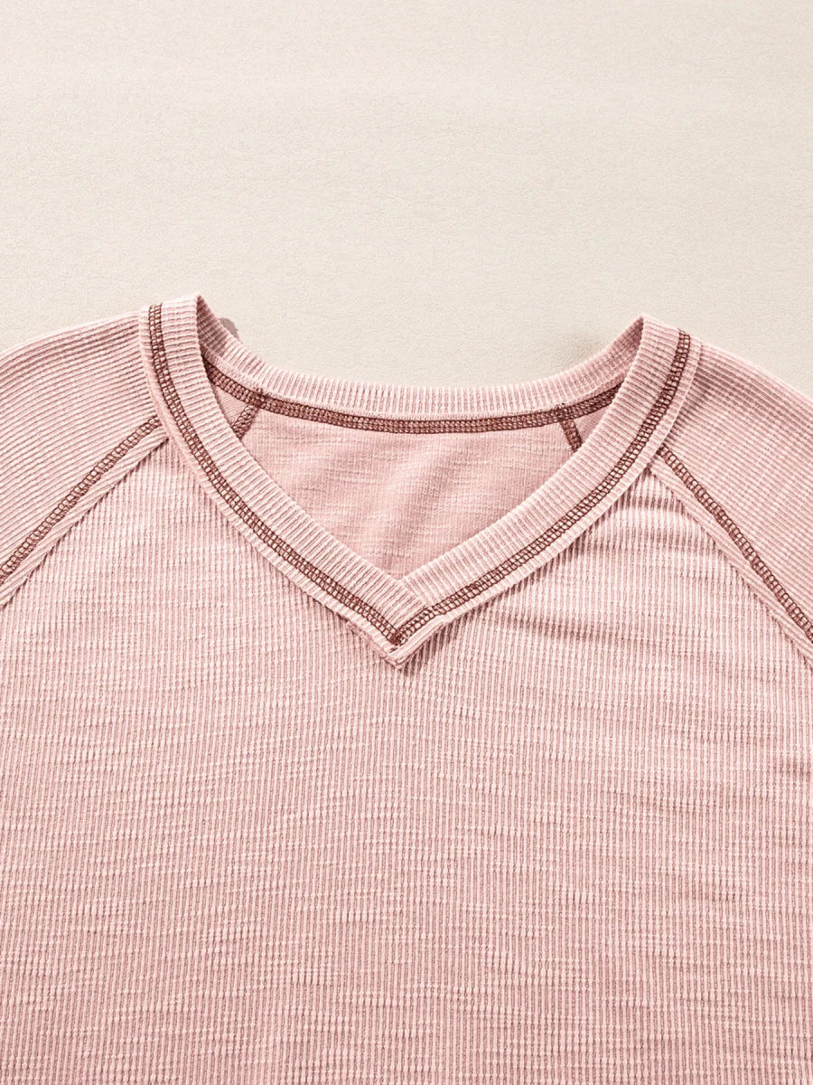 Exposed Seam Ribbed Knit V Neck Top - CELIVINE