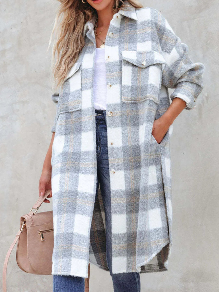 Oversized Plaid Button Up Longline Jacket - CELIVINE