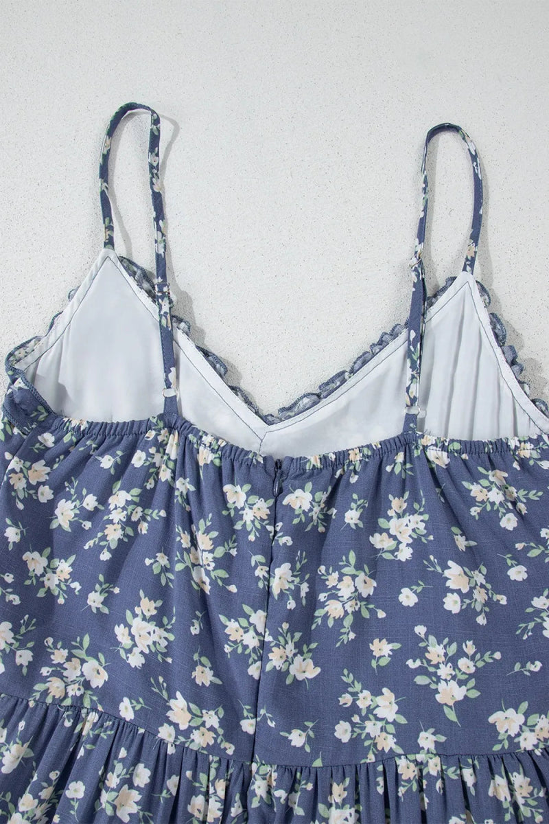 Floral Spaghetti Strap Frilled V Neck Tiered Midi Dress - CELIVINE