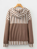 Waffle Texture Striped Patchwork Button Neck Drawstring Hoodie - CELIVINE