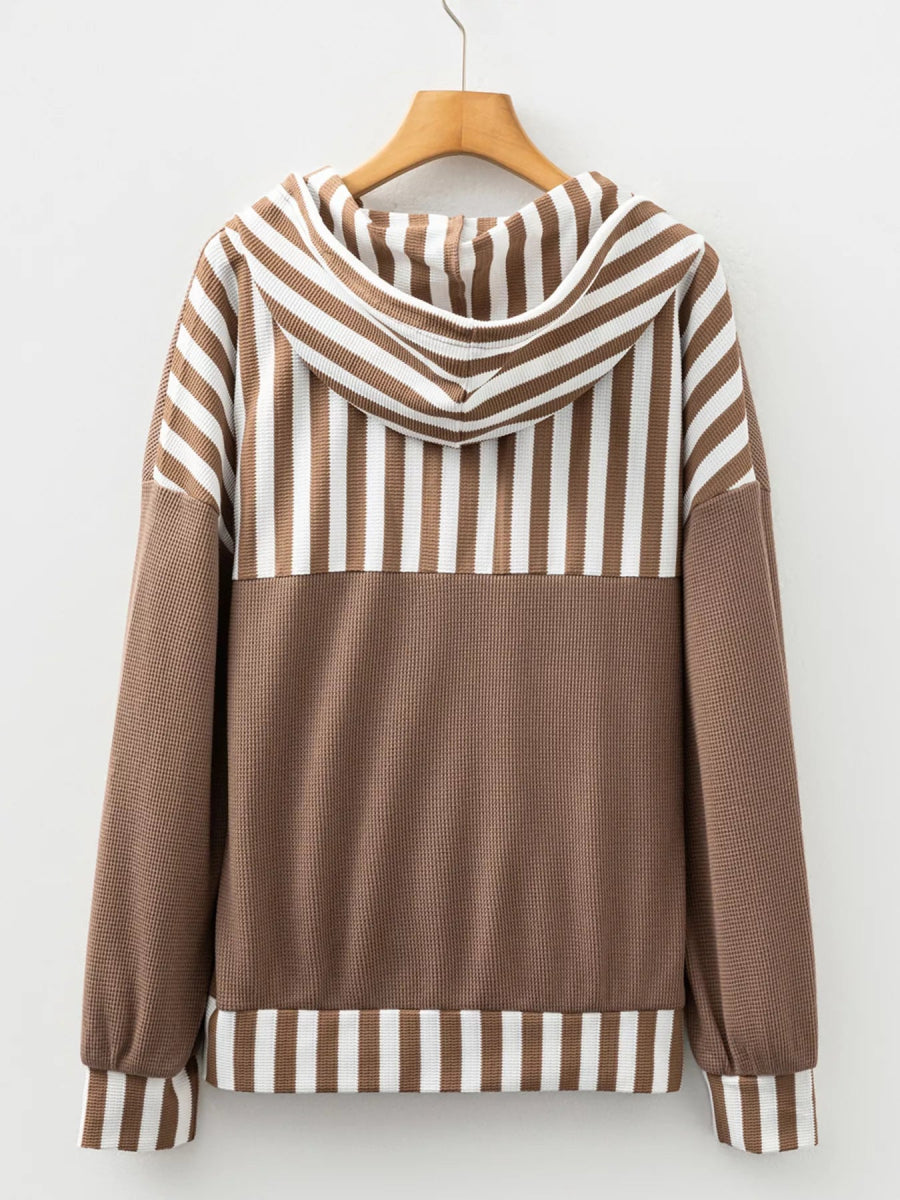 Waffle Texture Striped Patchwork Button Neck Drawstring Hoodie - CELIVINE