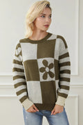 Contrast Round Neck Long Sleeve Sweater - CELIVINE