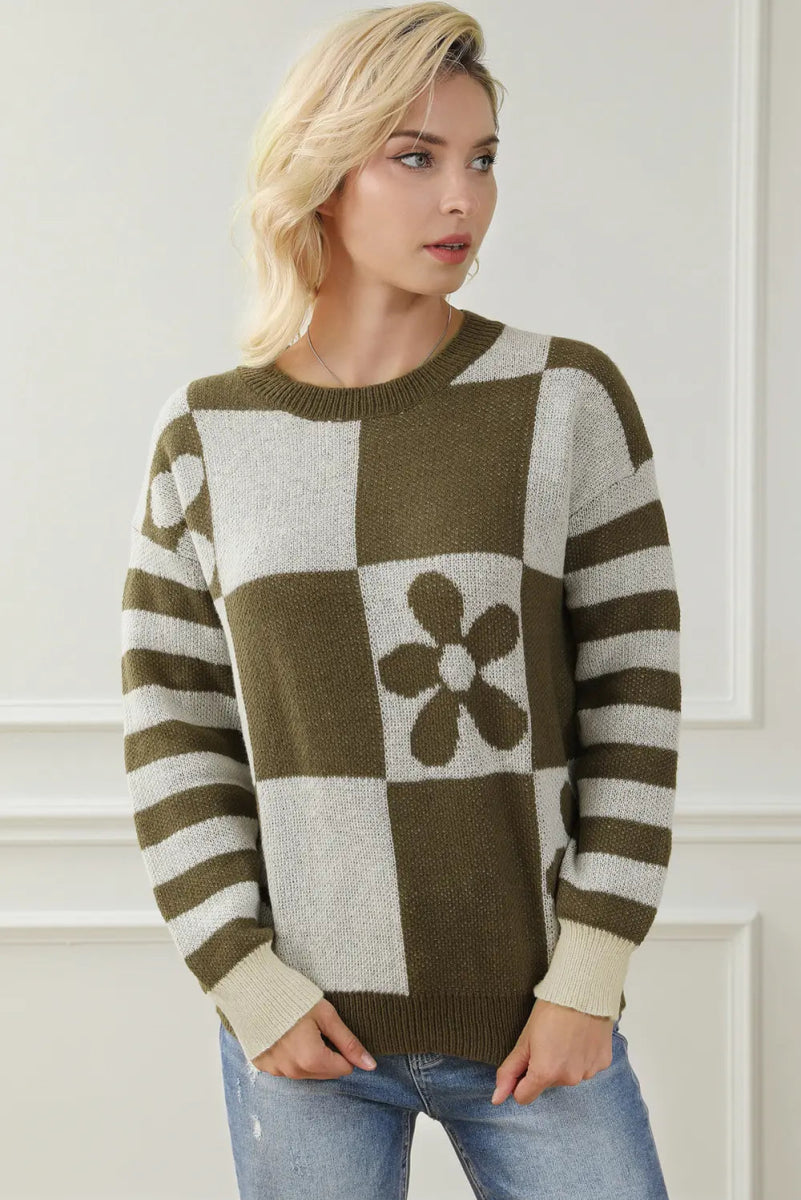 Contrast Round Neck Long Sleeve Sweater - CELIVINE