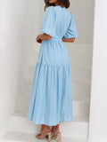 V - Neck Puff Sleeve Midi Dress - CELIVINE