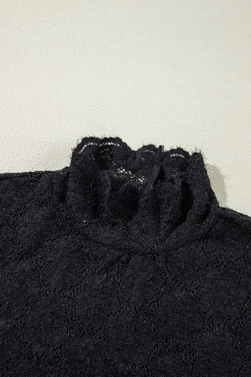 Lace Mock Neck Long Sleeve Blouse - CELIVINE