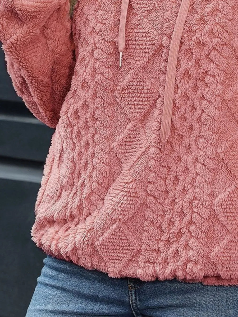 Drawstring Long Sleeve Plush Hoodie - CELIVINE