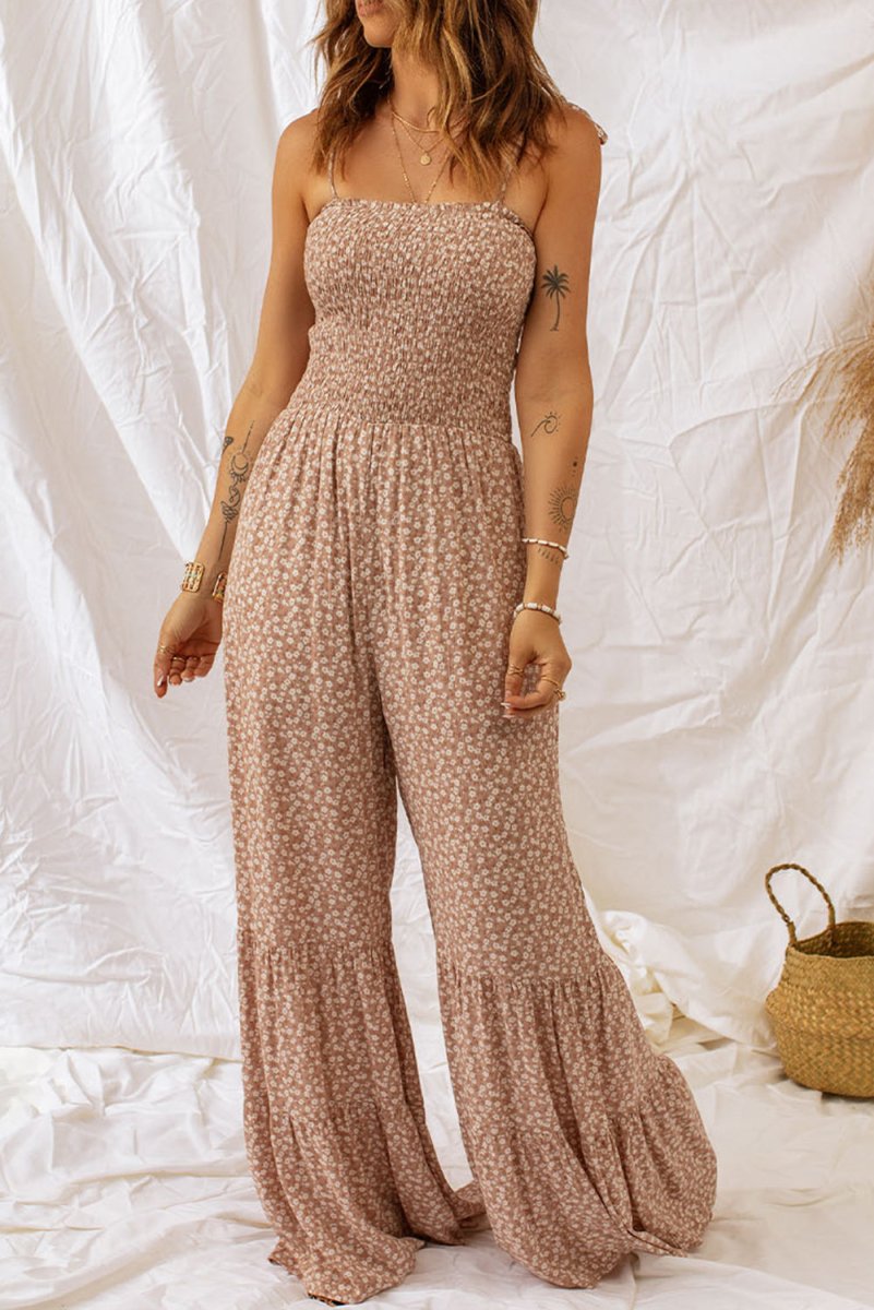 Floral Spaghetti Strap Smocked Wide Leg Jumpsuit - CELIVINE