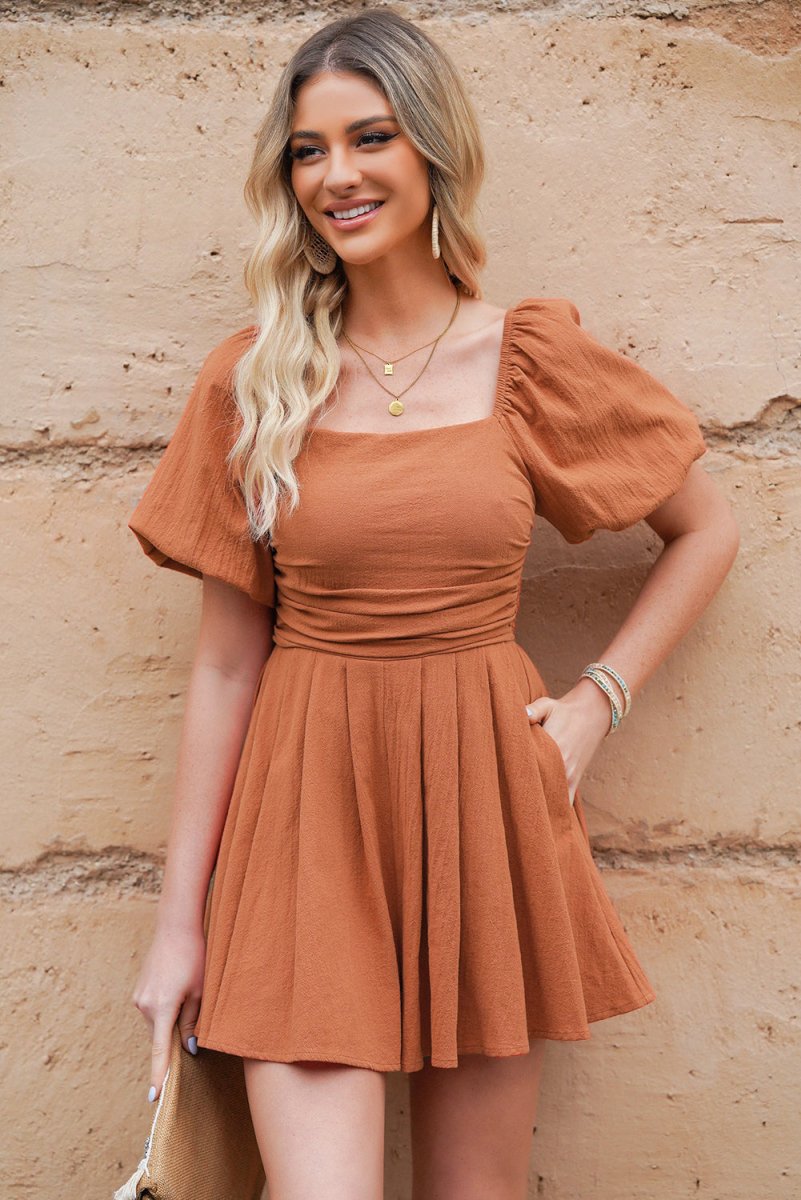 Square Neck Pleated Romper with Pockets - CELIVINE