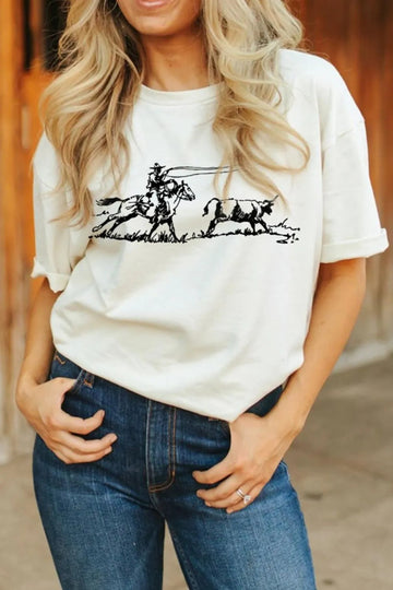 Western Rodeo Graphic Round Neck T Shirt - CELIVINE