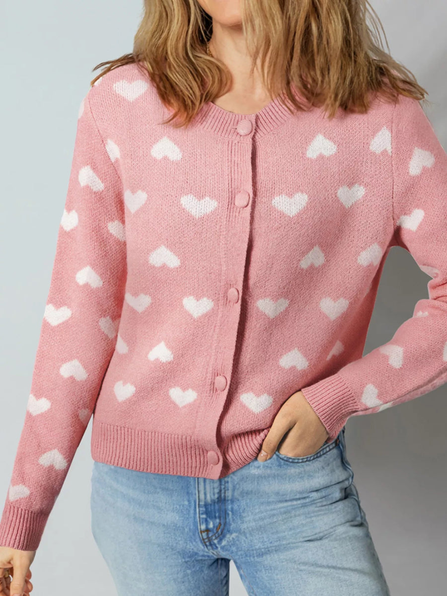 Heart Pattern Button Front Cardigan - CELIVINE