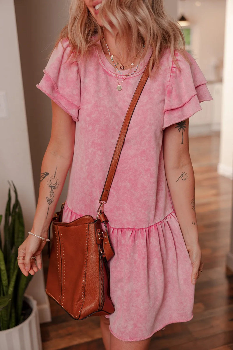 Mineral Wash Raw Edge Ruffle Mini Dress - CELIVINE