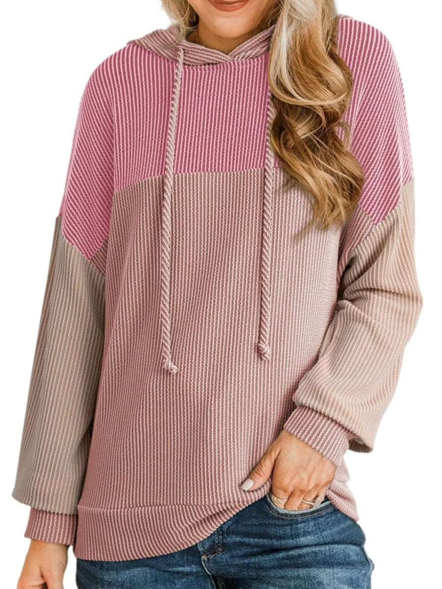 Drawstring Color Block Long Sleeve Hoodie - CELIVINE