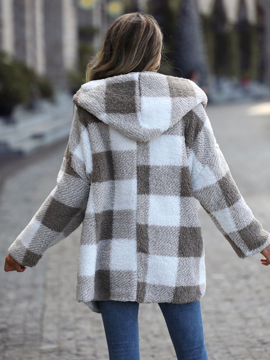 Plaid Open Front Hooded Coat - CELIVINE