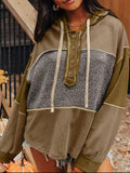 Mixed Texture Patchwork Exposed Seam Half Button Hoodie - CELIVINE