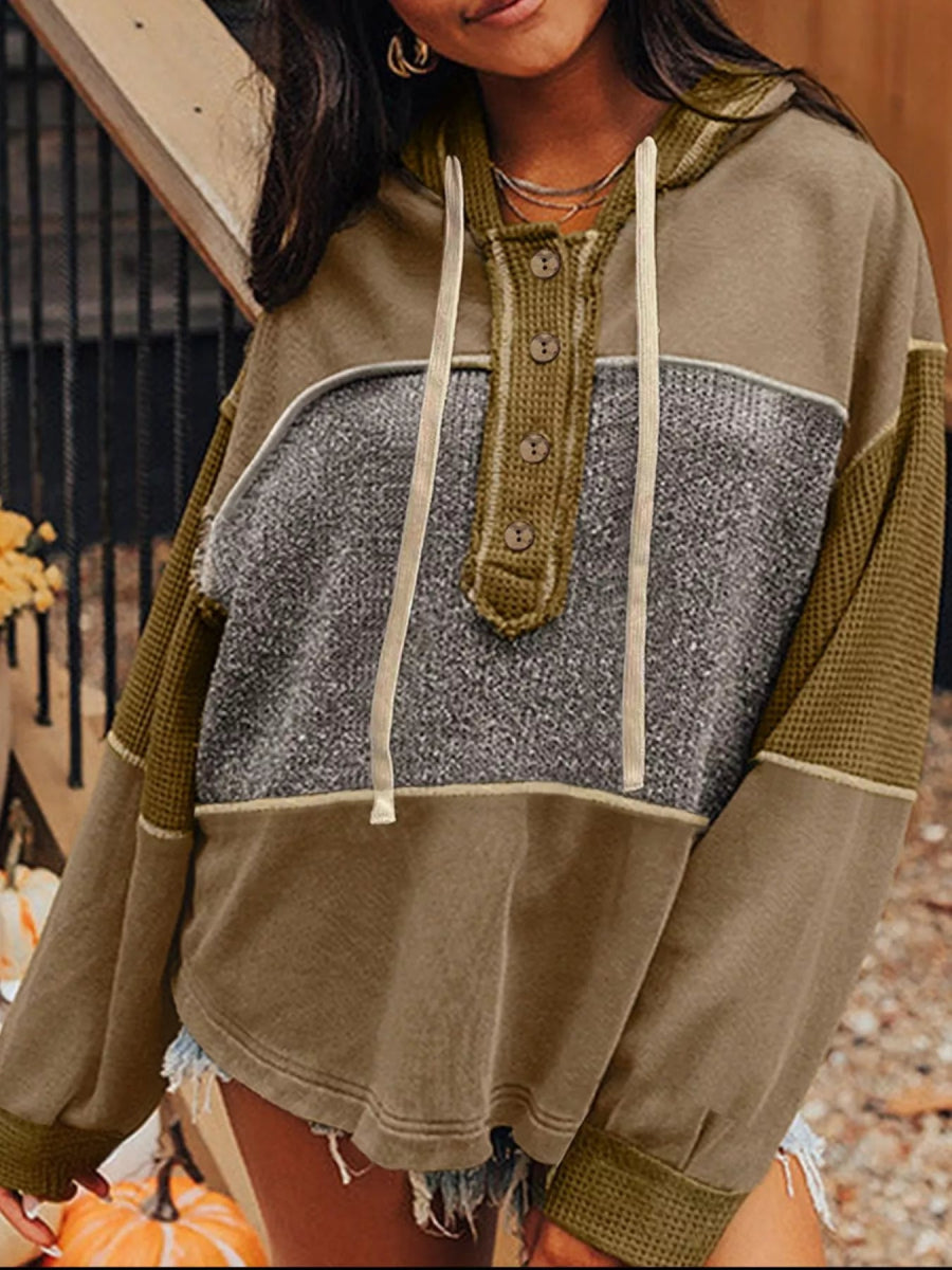 Mixed Texture Patchwork Exposed Seam Half Button Hoodie - CELIVINE
