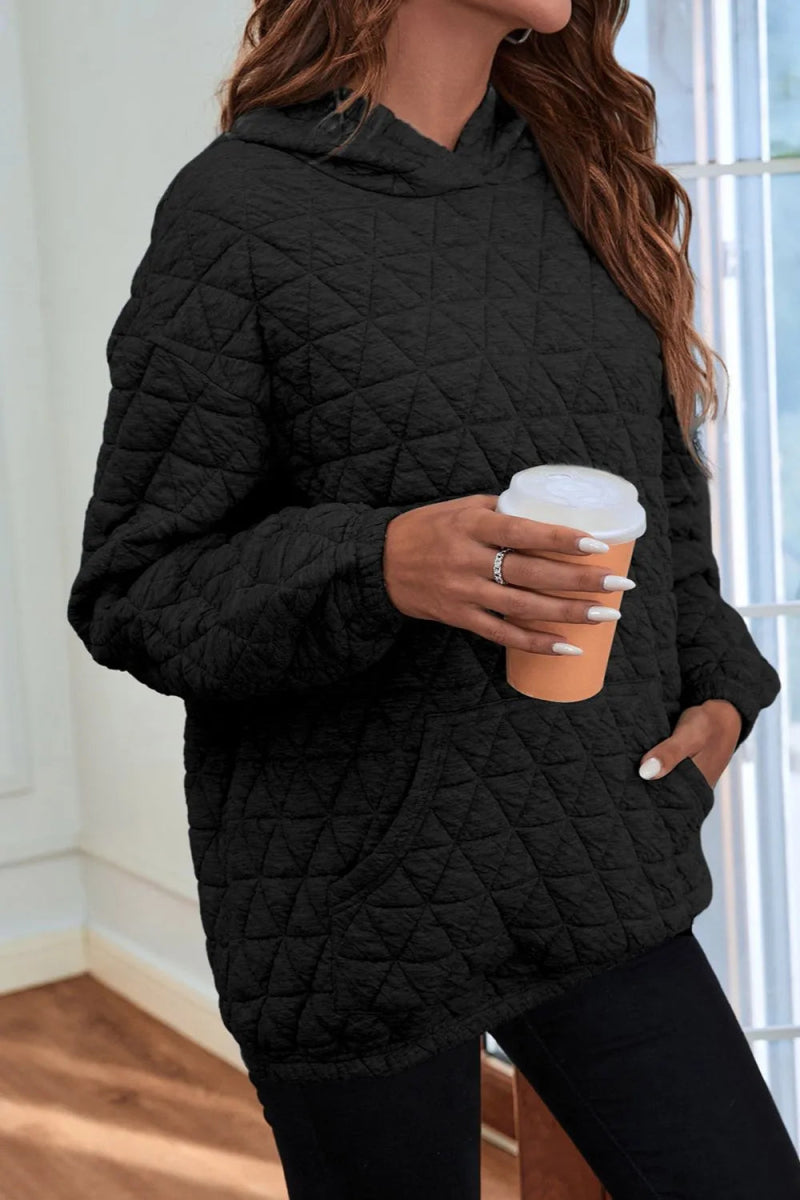 Quilted Long Sleeve Hoodie with Pocket - CELIVINE