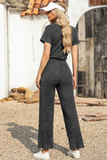 Ribbed Short Sleeve Wide Leg Jumpsuit - CELIVINE