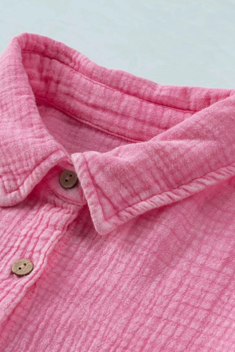 Button Down Collared Neck Long Sleeve Shirt - CELIVINE