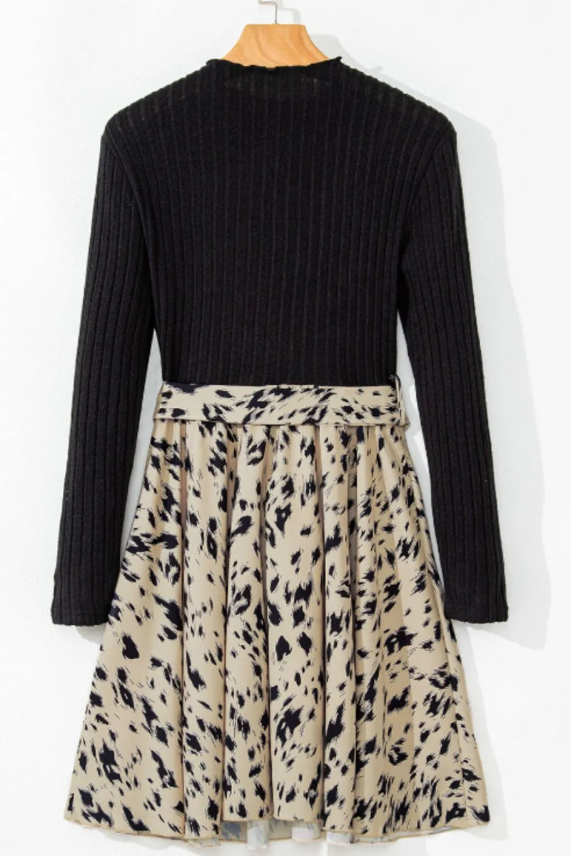 Printed Tie Waist Mock Neck Long Sleeve Dress - CELIVINE