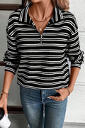 Striped Half Zip Long Sleeve Top - CELIVINE