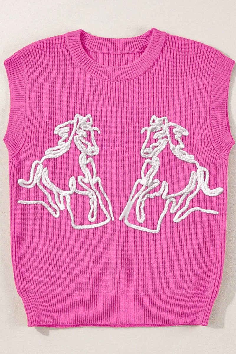 Western Horse Embroidered Round Neck Sweater - CELIVINE