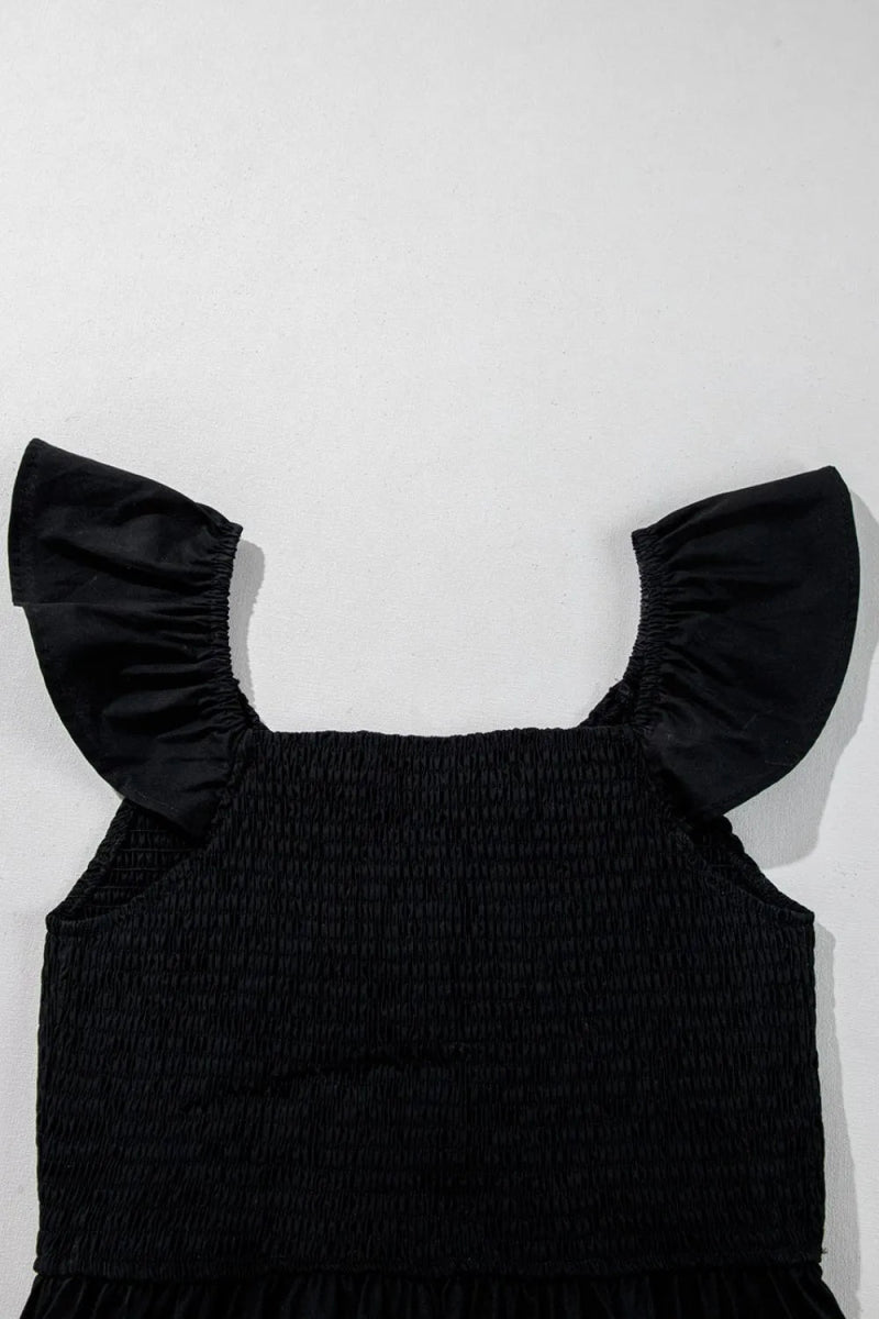 V Neck Ruffled Cap Sleeve Smocked Maxi Dress - CELIVINE