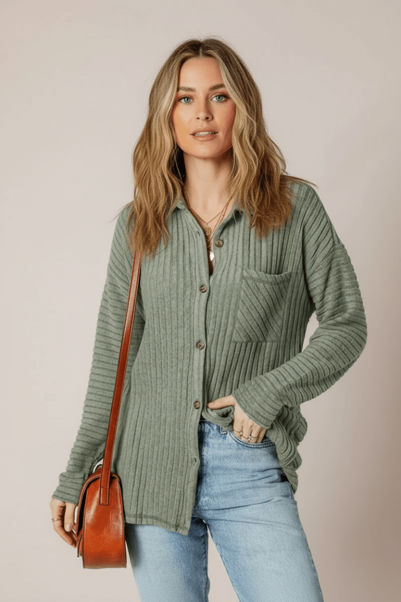 Ribbed Knit Button - Up Cardigan - CELIVINE