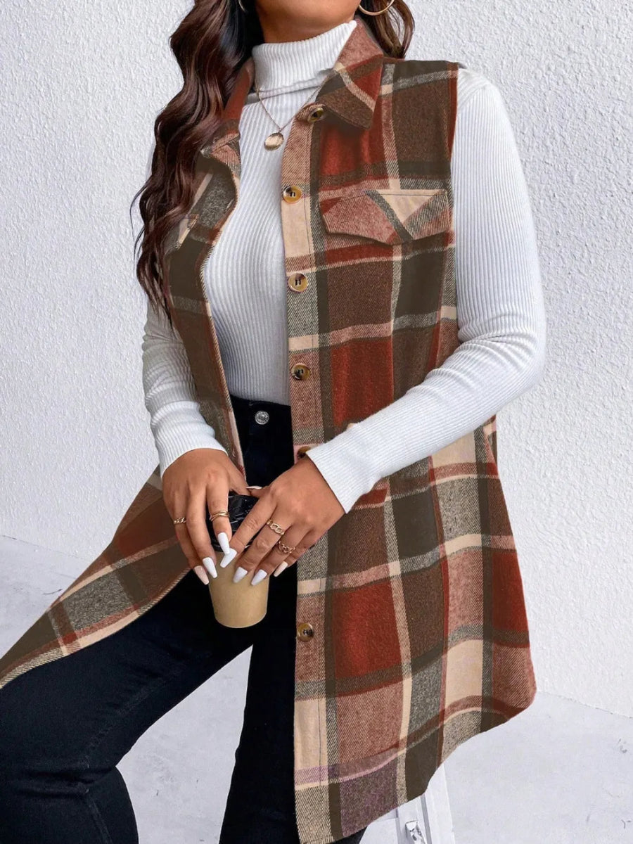 Honey Plus Size Pocketed Plaid Button Up Vest Coat - CELIVINE