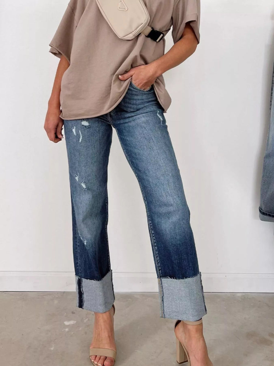 High Waist Distressed Straight Leg Jeans - CELIVINE