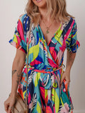 Multicolour Tropical Printed Surplice Neck Tie Waist Romper - CELIVINE