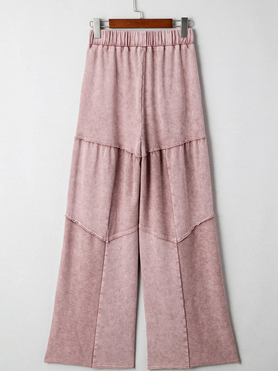 Mineral Wash Tiered Wide Leg Patchwork Drawstring Pants - CELIVINE