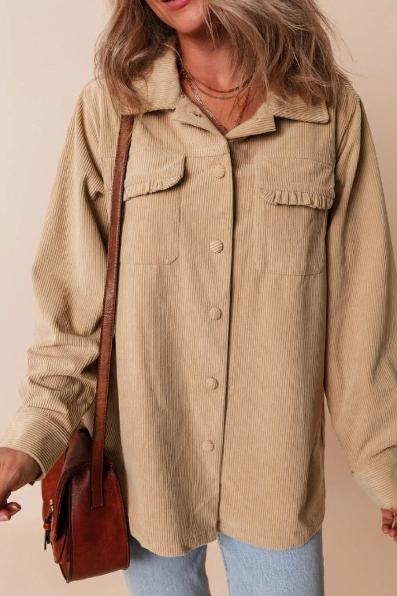 Frill Button Up Long Sleeve Shacket - CELIVINE