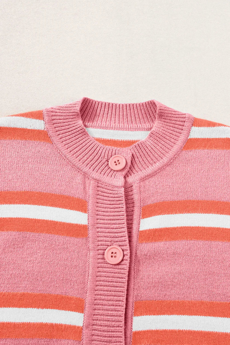 Striped Button Down Long Sleeve Cardigan - CELIVINE