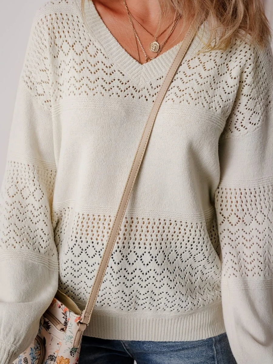 Eyelet Detail V - Neck Long Sleeve Sweater - CELIVINE