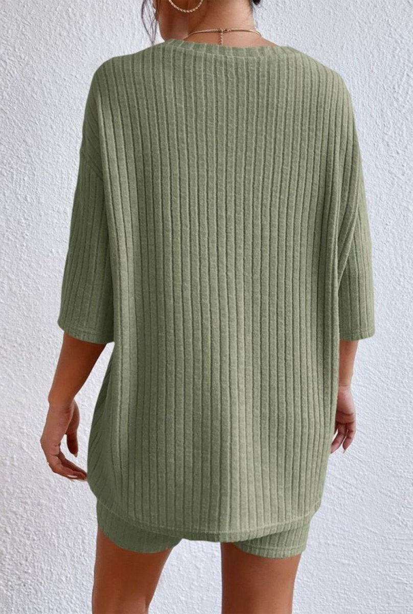 Round Neck Ribbed Top and Shorts Lounge Set - CELIVINE