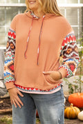 Plus Size Drawstring Geometric Long Sleeve Hoodie - CELIVINE