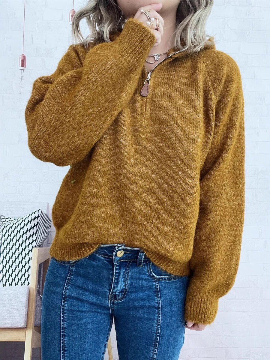 Quarter Zip Ribbed Hem Sweater - CELIVINE