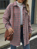 Houndstooth Button Up Long Sleeve Coat - CELIVINE