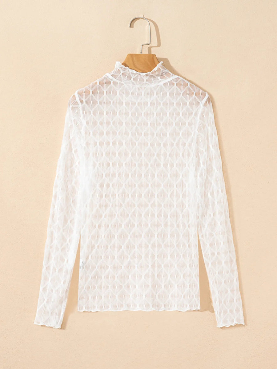 Sheer Mesh Patterned Lettuce Trim Slim Long Sleeve Top - CELIVINE