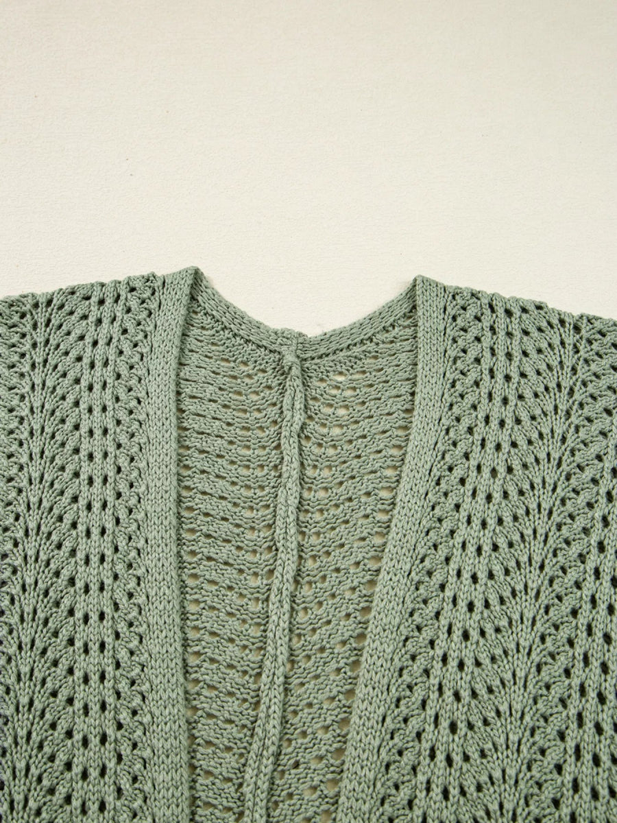 Scalloped Edge Eyelet Knit Batwing Sleeve Cardigan - CELIVINE