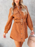 Button Front Belt Long Sleeve Corduroy Dress - CELIVINE