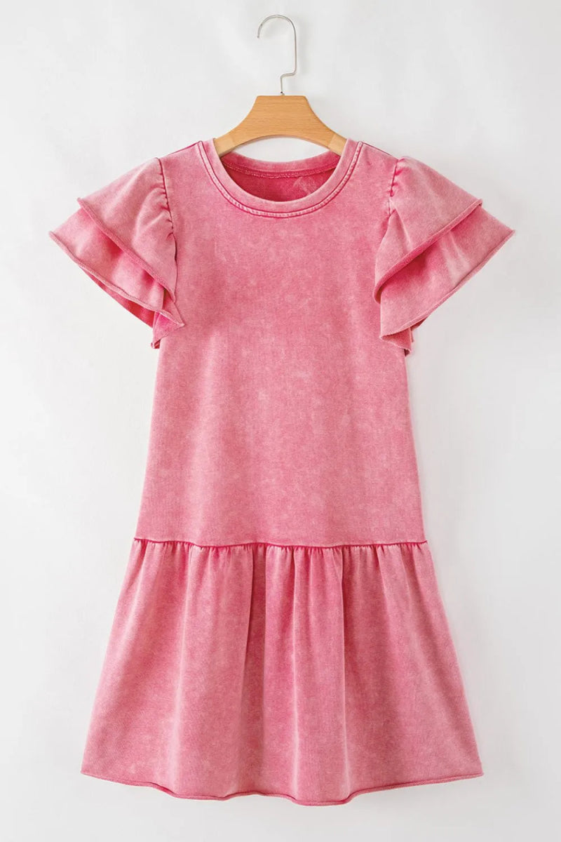 Mineral Wash Raw Edge Ruffle Mini Dress - CELIVINE