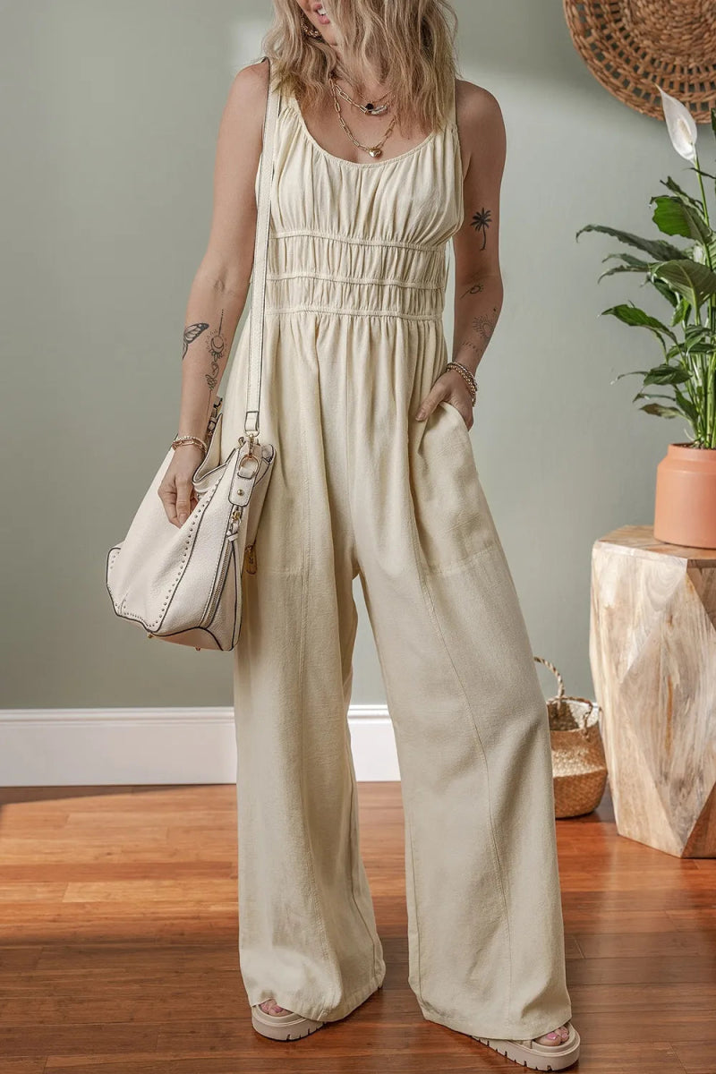Ruched Sleeveless Wide Leg Jumpsuit - CELIVINE