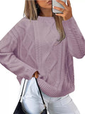 Cable Knit Round Neck Long Sleeve Sweater - CELIVINE