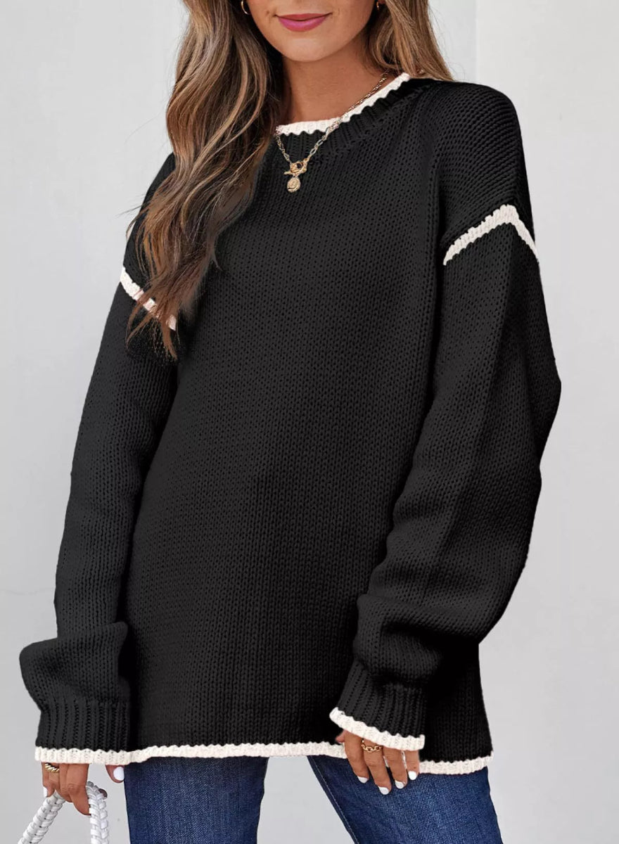Contrast Trim Long Sleeve Sweater - CELIVINE