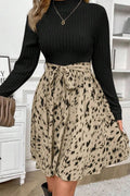 Printed Tie Waist Mock Neck Long Sleeve Dress - CELIVINE