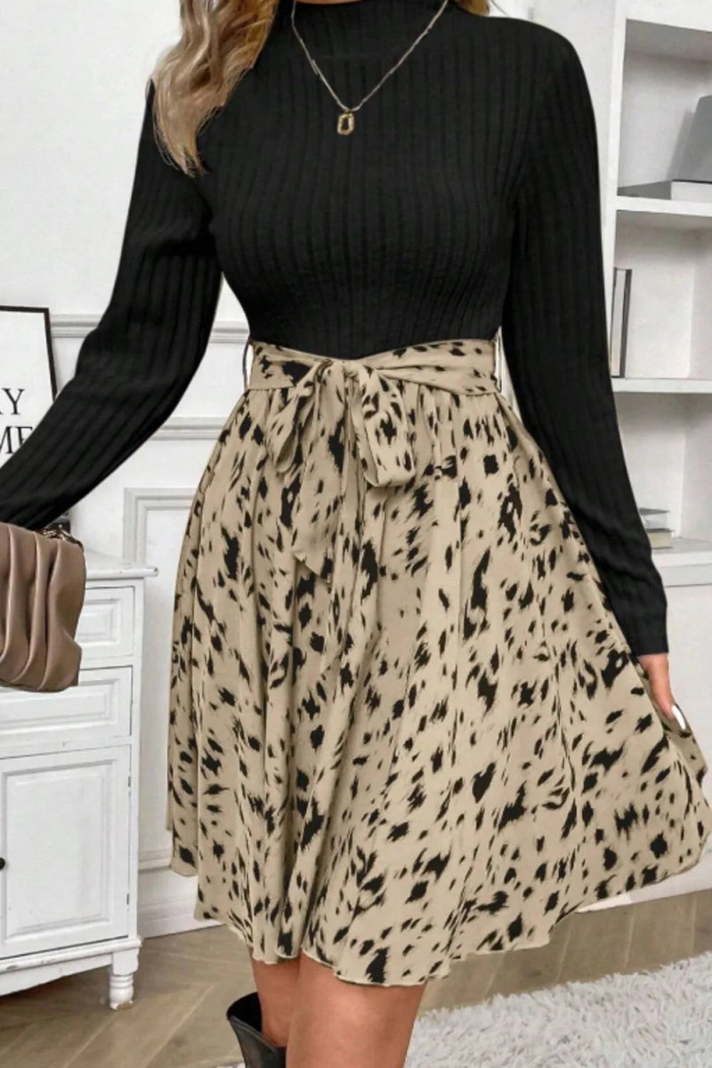 Printed Tie Waist Mock Neck Long Sleeve Dress - CELIVINE