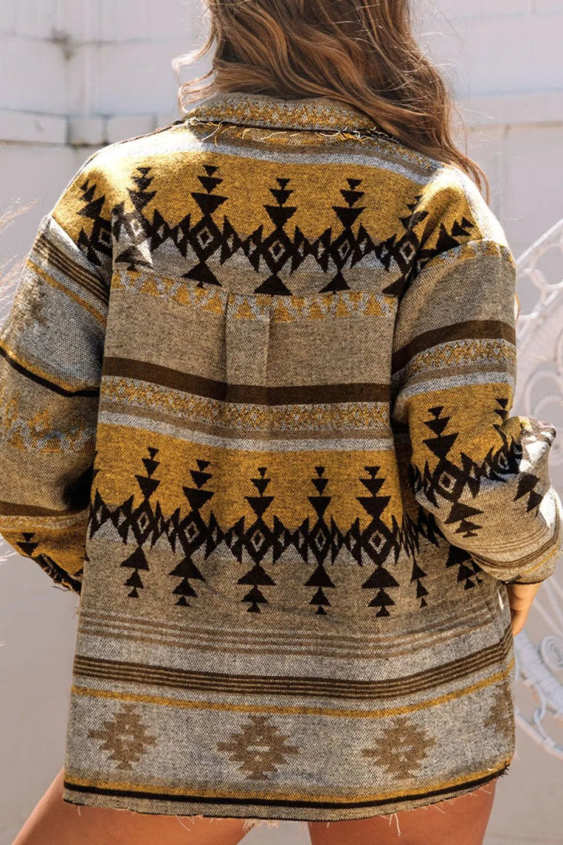 Pocketed Geometric Collared Neck Jacket - CELIVINE